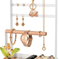 Jewelry Stand Earring Organizer, 5-Tier Necklace Holder with Ear Stud Holes Wood