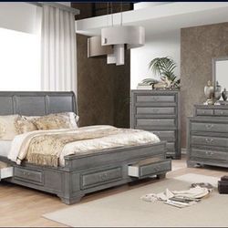Brand New Upscale Grey Queen 4pc Bedroom Set (Available In California & Eastern King)