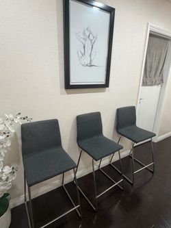 Set of 3 Gray Upholstered Bar Stools