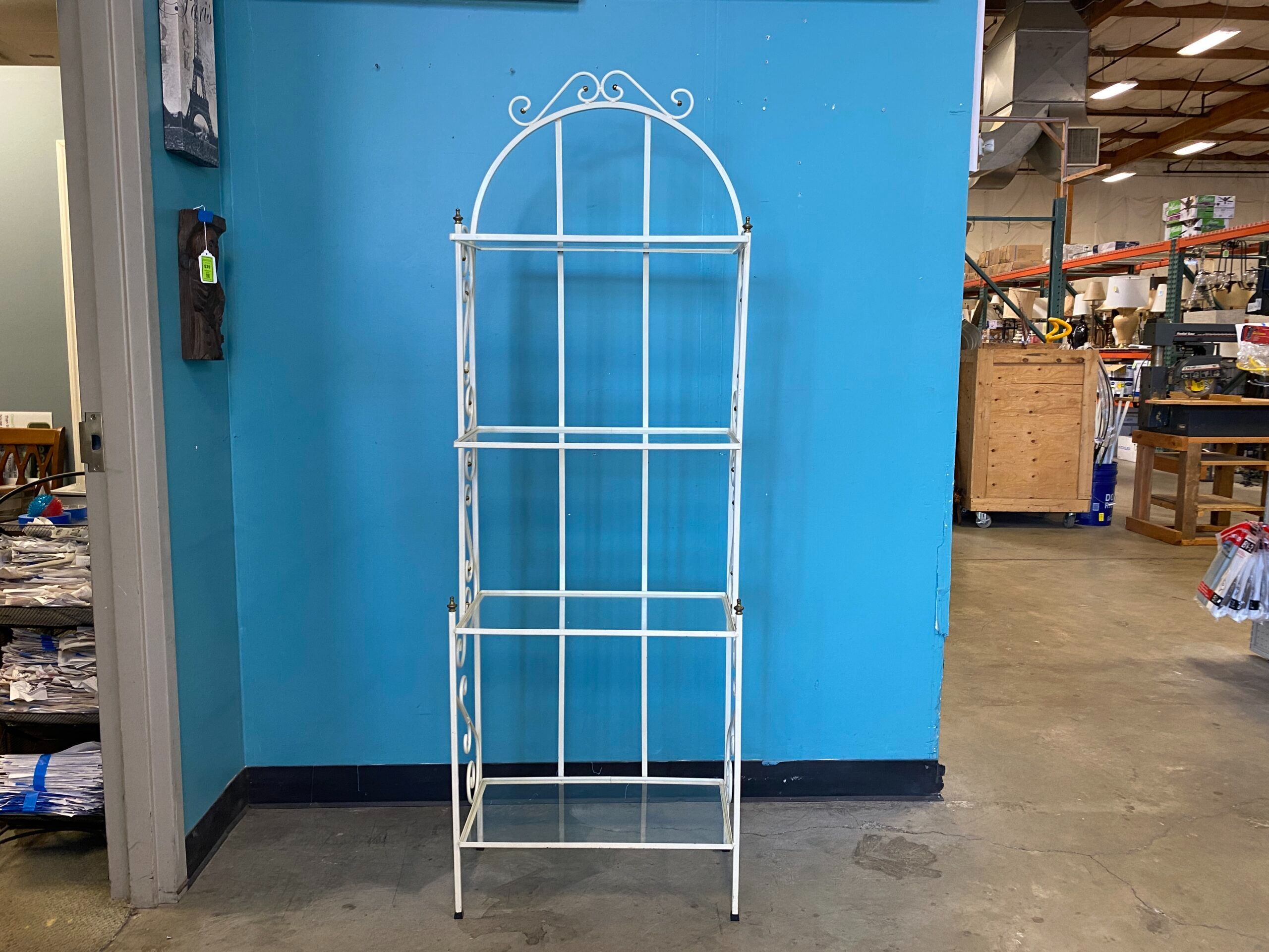 Antique White Metal Baker’s Rack with Brass Accents