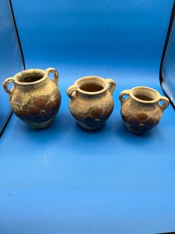 Set of 3 rustic vintage vases with double handles