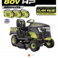 Ryobi 80V HP Brushless 42 in. Battery Electric Cordless Riding Lawn Tractor with (3) 80V 10Ah Batteries and Charger