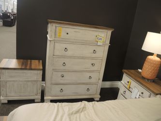 Napa Belmont 5 Drawer Chest - Distressed Antique White With Natural Wood Top | Dresser | Tallboy