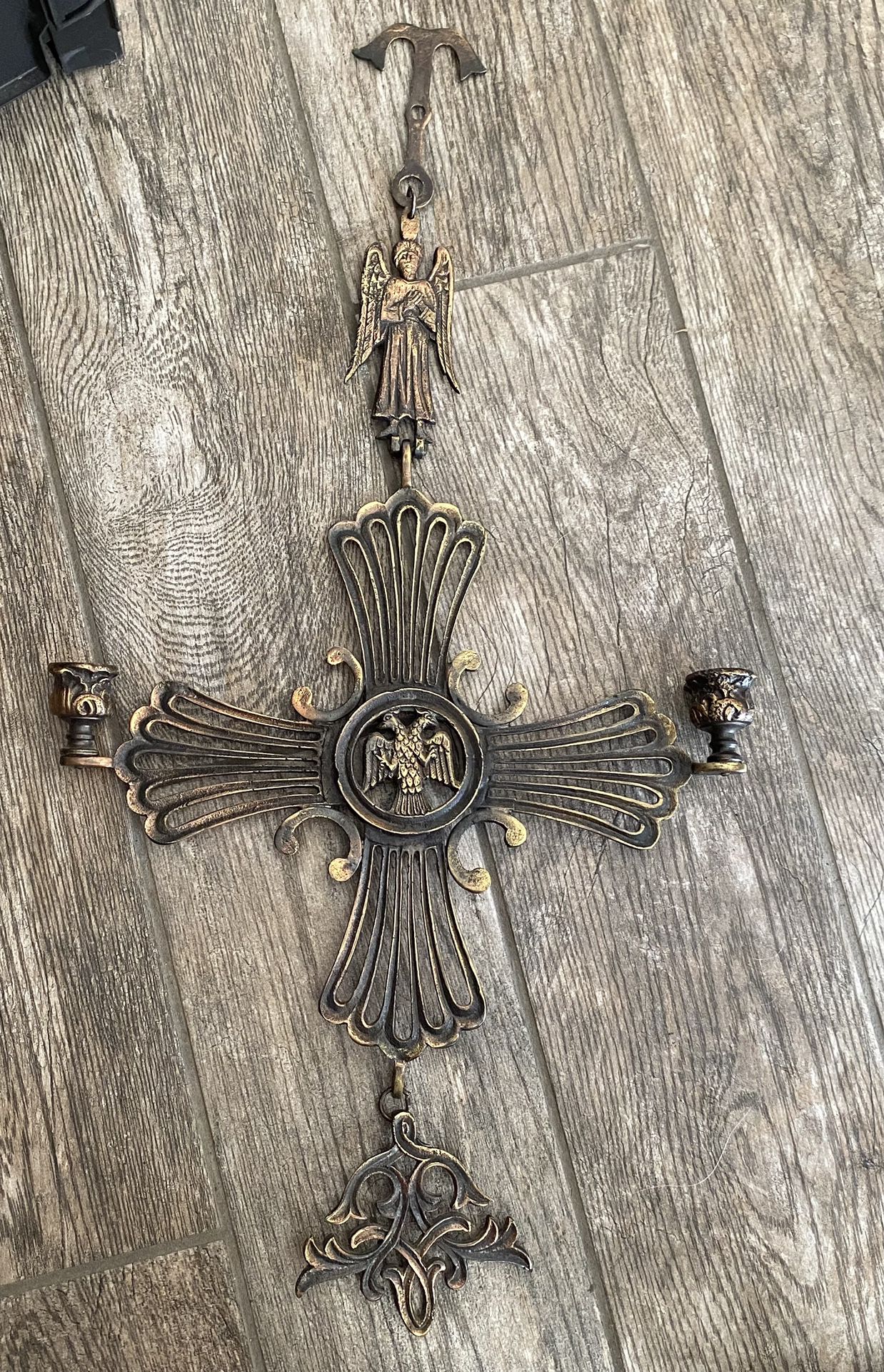 Vintage Brass Byzantine Cross Wall Hanging Sculpture Candle Holder 2 Headed Eagles