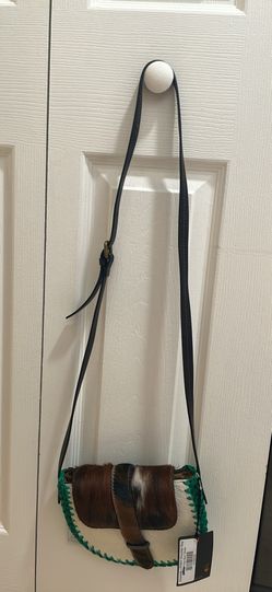 Exquisite J Semi-Circle Crossbody Bag Fur Trim Buckle Accent Brown White Green
