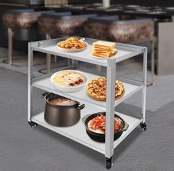 Stainless Steel Utility Cart, 3-Tier Serving Storage Rolling Car Shelf with Handle& Lockable Wheels, 300LBS Capacity for Kitchen, Restaurant, Laborato