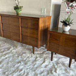 MID CENTURY Long Dresser And One Nightstand 