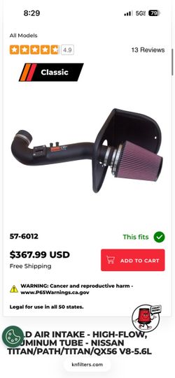 COLD AIR INTAKE - HIGH-FLOW, JMINUM TUBE - NISSAN TITAN/PATH/TITAN/QX56 V8-5.6L