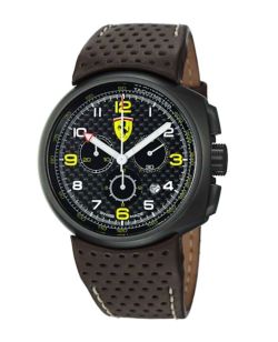 Ferrari F1 classBlack Dial Chronograph Watch with Yellow Accents and Brown Strap