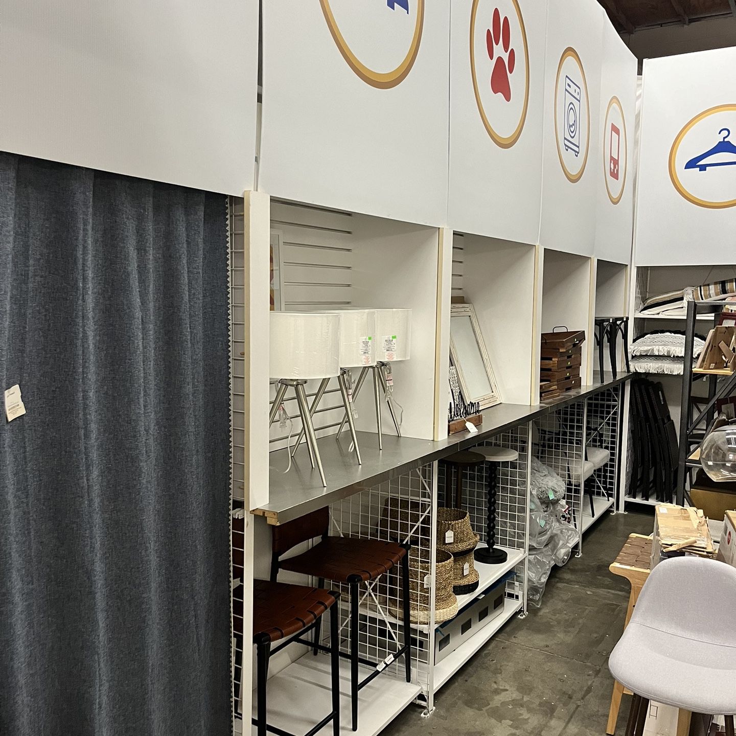 12'x 3' x 18" or 24 inch display shelves with slat wall inserts. Furniture/large item display islands Display shelves Slatwall islands with shelves an