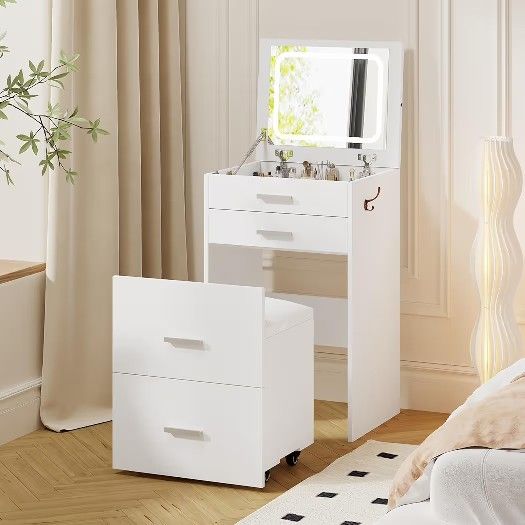 3 in 1 Vanity Desk, Compact Vanity with 3 Drawers, Makeup Desk with Flip-up 3 Colors Lighting Mirror and Cushioned Stool, Small Vanities Nightstand Pe