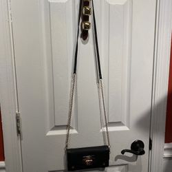 Black Leather Bessie Clutch/Purse with Long Gold Chain