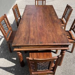 Rustic Solid Wood Dining Table 78”x 40” And 6 Chairs With Iron Detail 
