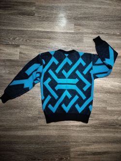 Vintage 80s Demetre 100% Pure Virgin Wool Ski Sweater Black Cyan Geometric Mens M