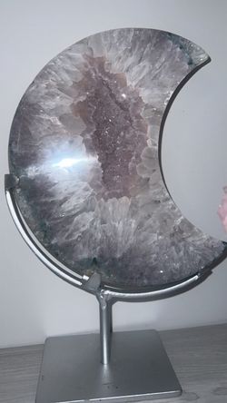 Pink druzy quartz moon 9 1/2 inches tall
