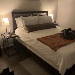 Queen Bed Frame, Two Nightstands, Clock