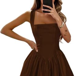 Square Neck Pleated Mini Brown Dress