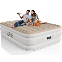 Sebor Air Mattress Queen with Built-in Pump 18", Comfortable Self-Inflating Air Mattress with High-Speed Pump, Durable Blow Up Mattress Queen with Sto