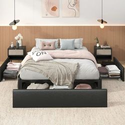 SHA CERLIN Modern Queen Platform Bed Frame with 3 Storage Drawers/Wing Side Panel Design/Faux Leather Upholstered/Mattress Foundation/Noise Free/Easy 