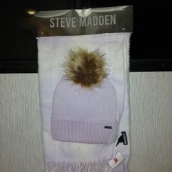 Steve Madden Plush Pink/lavender Beanie And fringed Scarf. 