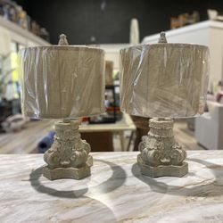 {SET OF TWO} Wacker resin table lamps. Overall: 20.5” H x 12” W x 12” D. Base color: blue/gray/cream. MSRP: $300. Our price: $195 + Sales tax