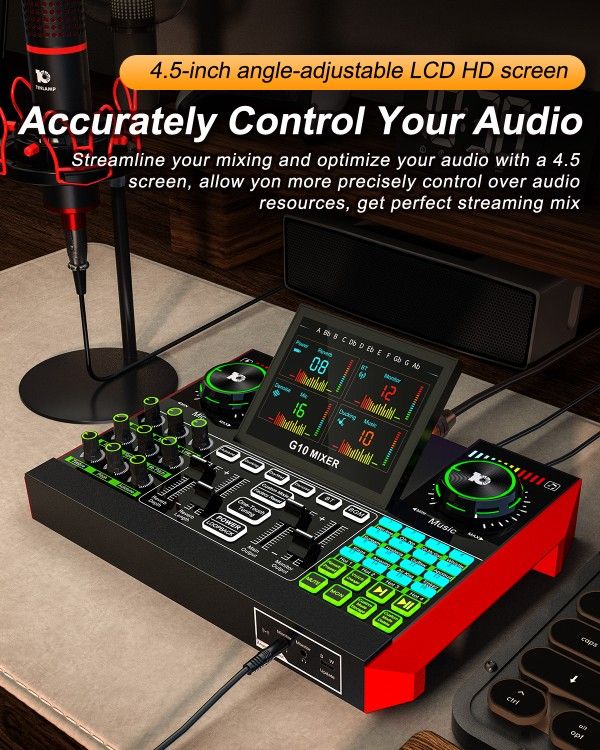 G10 audio interface, podcasting equipment, live sound card for streaming, 48V phantom power, soundboard, voice changer, mixer with sound card for PC r