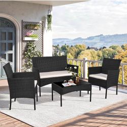 4 Piece Outdoor Patio Furniture Sets, Small Wicker Patio Conversation Furniture Rattan Chair Set with Tempered Glass Coffee Table for Backyard Porch G