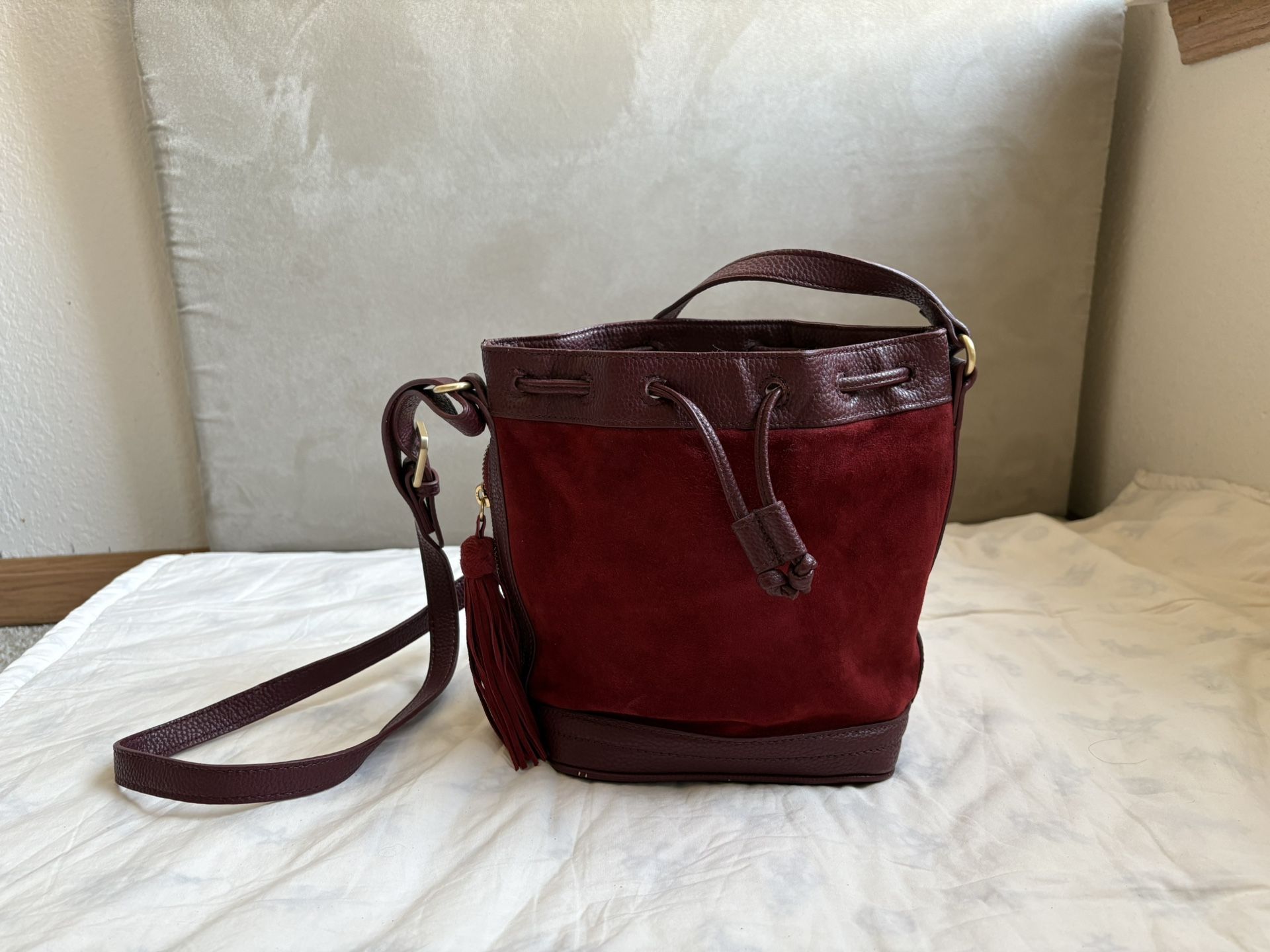 Elegant Burgundy Suede Bucket Bag