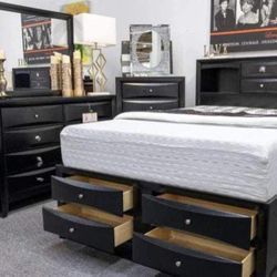 Black Storage Platform Bedroom Set  Bed, Dresser, Mirror, Nightstand, Chest 
