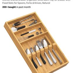 Yofidra Bamboo Silverware Organizer, 16.53 x 10.3 x 1.96 Inches Kitchen Utensil Drawer Organizer, Silverware Tray for Drawer with Fixed Slots for Spoo