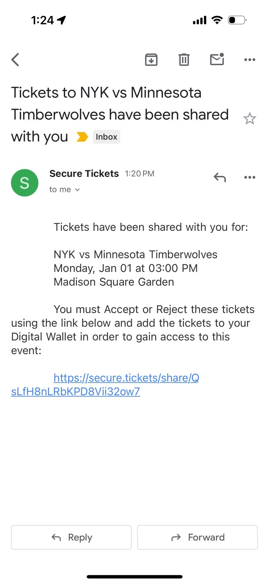 Knicks Vs Timberwolves 1/1 2024 Section 112 Row 22