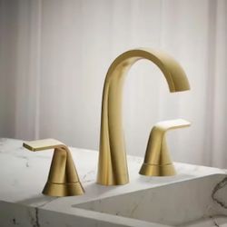 Cursiva 8 in. Widespread Double Handle Bathroom Faucet in Vibrant Brushed Moderne Brass