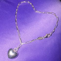 Sterling Silver Puffy Heart Charm Paperclip Bracelet