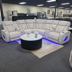 Large White Leather Reclining Sectional Sofa with LED Lights 🚚WE DELIVER🚚