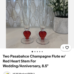 4 Pasabahce Champagne Flutes with Red Heart Stems 8.5in