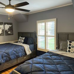 Queen Grey Wood Bed Frame With Storage Drawers 