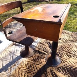 Early 1900s Cast Iron & Maple School Desk 2 Pieces.