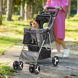 Dog Stroller for Medium Small Dogs, Foldable Pet Stroller with 360° Rotation Wheel, Cat Kitty Puppy Stroller with Storage Basket (Gray)