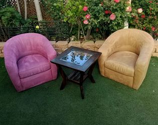 Pottery Barn Micro Fiber Suade Leather Swivel Armchairs with Glass Top Table
