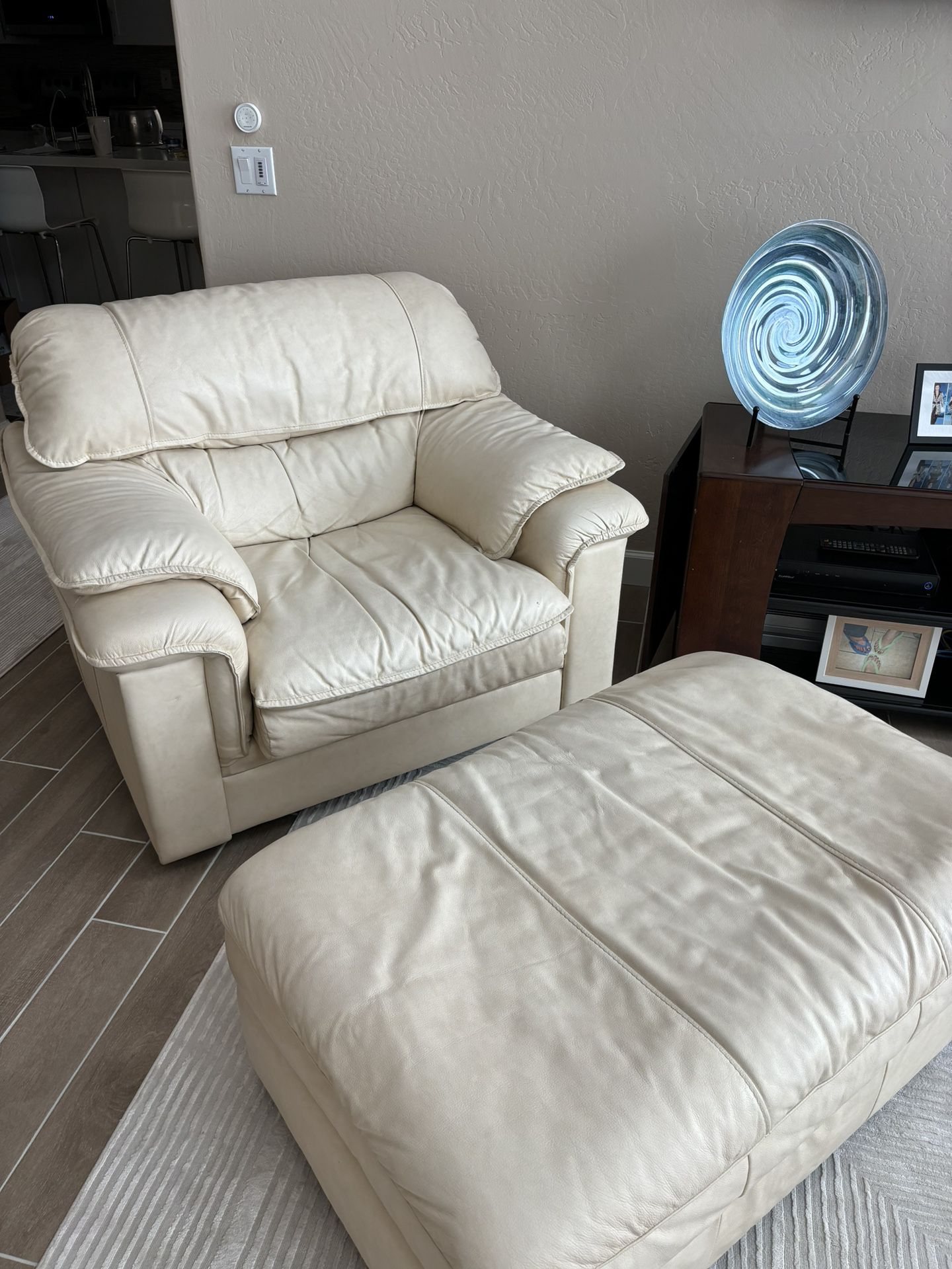 Oversized Beige  Leather Chair With Matching Leather Ottoman