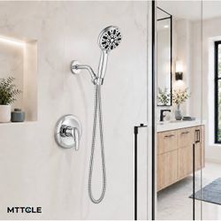 Shower Faucet Set with 5-Spray Handheld Shower Head, Polished Chrome Single Handle Control, Wall Mounted Design, 1/2-Inch NPT Connection, Flexible Hos