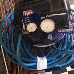 110 Psi Campbell Hausfeld Pancake Electric Compressor 1 Gallon With 60' 300 Psi Hose And Pneumatic Engine Cleaning Gun Attachment 3953