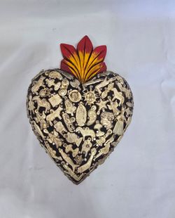 Flaming Milagro Heart. Painted wood Heart with tin, Made in Mexico.