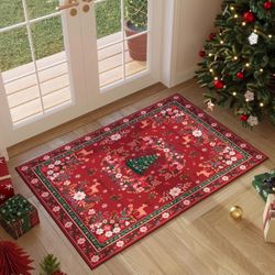 Brandnew  Christmas Door Mat 2x3 Holiday Rug Indoor Entrance Washable Xmas Rugs Small Non-Slip Thin Low Pile Red Christmas Kitchen Rugs for Entryway, 