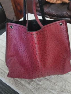 Red Ostrich-Embossed Leather Tote Bag