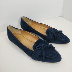 Talbots Flats Loafer Womens 9 Blue Suede Pointed Toe Bow Driver Mocassins Shoes