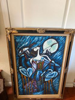Large 中国云南重彩Yunnan Heavy Color Woman Cranes Moon Canvas Painting Framed signed 30x42