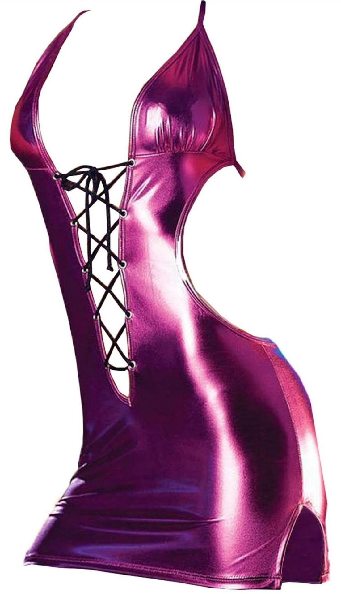 Hot Pink Medium Shiny Metallic Teddy Babydoll One Piece High Cut Lingerie Babydoll Lace Up Backless Chemise Nightgowns