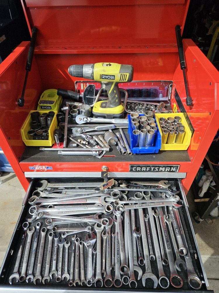 Craftsman Heavy Duty Rolling Toolbox Full With Mostly USA Tools Including Keys And 6 Electric Plugs All In Grate Working Condition, Grate Gift For Chr