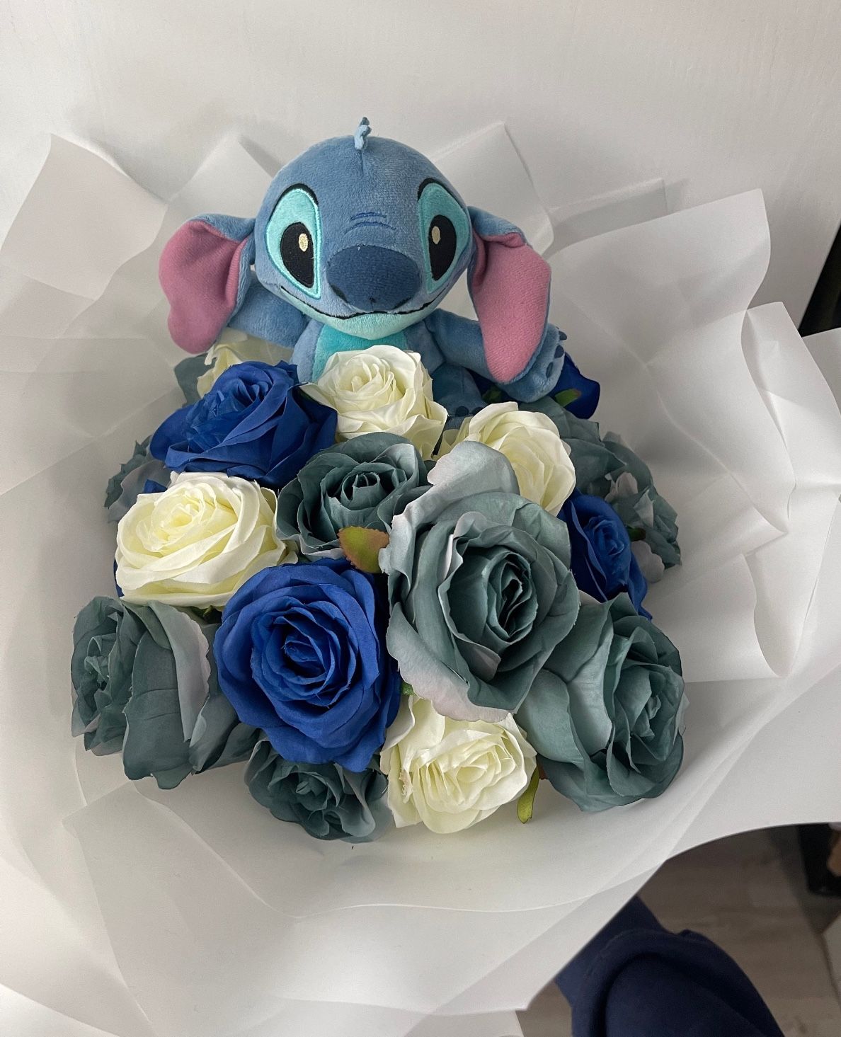 Forever Flowers Artificial Bouquet (24 Blue / White / Teal Medium Flowers & 1 Stitch Stuffed Animal)